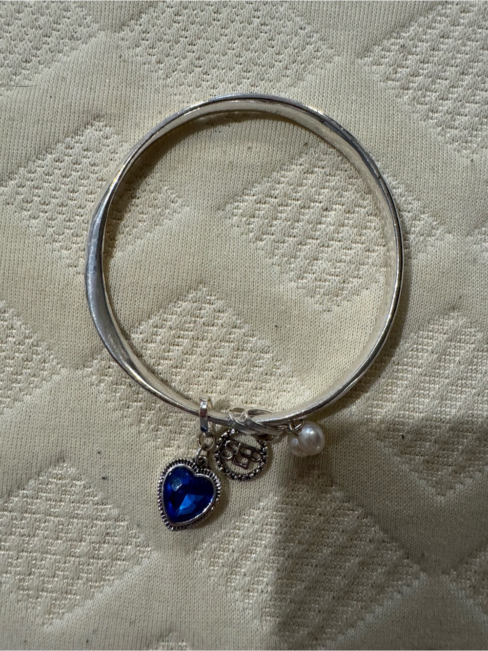 Silver Bangle Bracelet with Blue Heart Charm and Pearl Accent